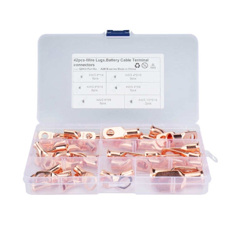 42 PCS Wire Terminals Connector Cable Lugs AWG T2 Copper Heavy-duty Cold-pressed Battery Cable Ends