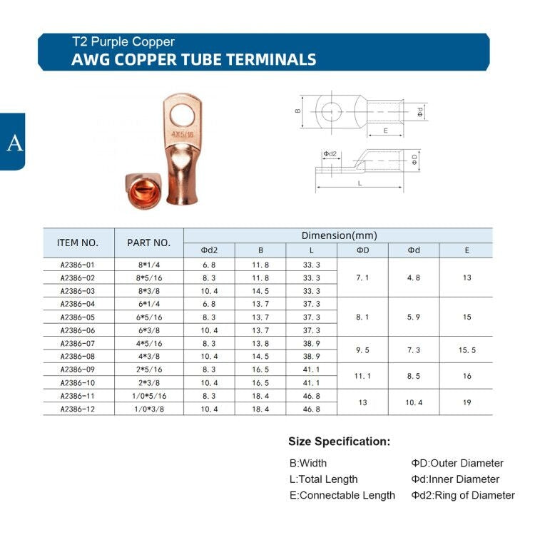 64 PCS Wire Terminals Connector Cable Lugs AWG T2 Copper Heavy-duty Cold-pressed Battery Cable Ends