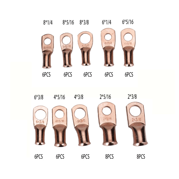64 PCS Wire Terminals Connector Cable Lugs AWG T2 Copper Heavy-duty Cold-pressed Battery Cable Ends