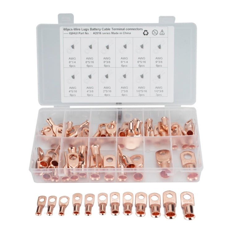 60 PCS Wire Terminals Connector Cable Lugs AWG T2 Copper Heavy-duty Cold-pressed Battery Cable Ends