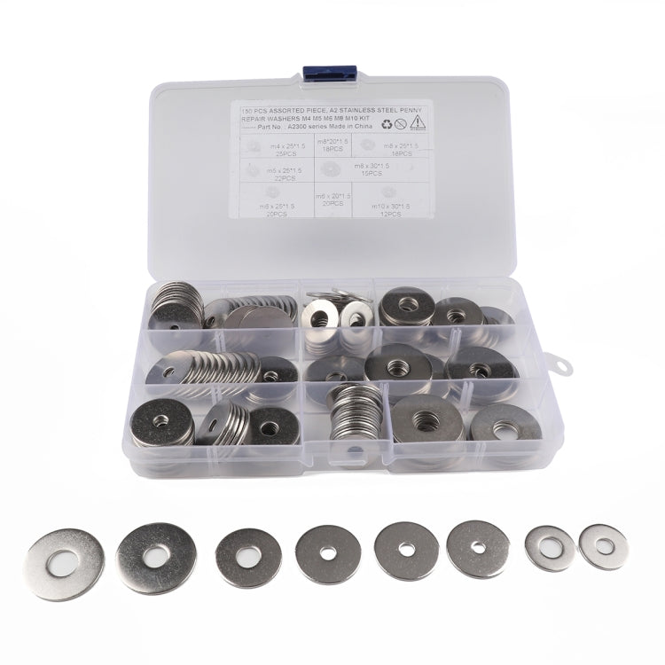 150 PCS Round Shape Stainless Steel Flat Washer Assorted Kit for Car / Boat / Home Appliance