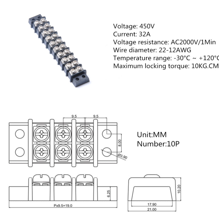 10 Position 450V 32A Double Row Terminal Block Screw Terminal Block