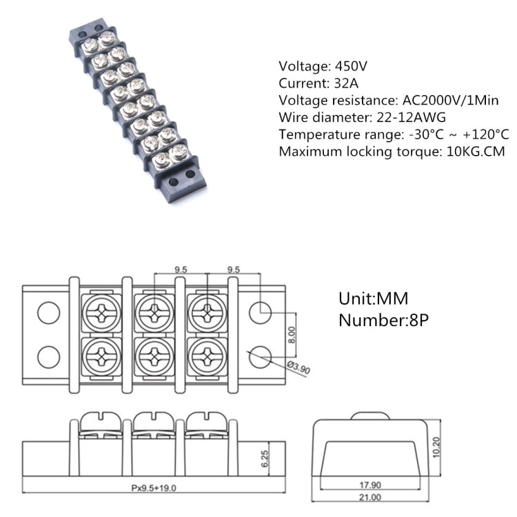 8 Position 450V 32A Double Row Terminal Block Screw Terminal Block