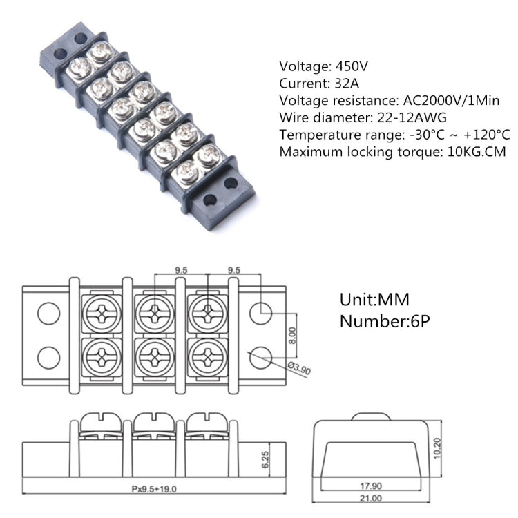 6 Position 450V 32A Double Row Terminal Block Screw Terminal Block