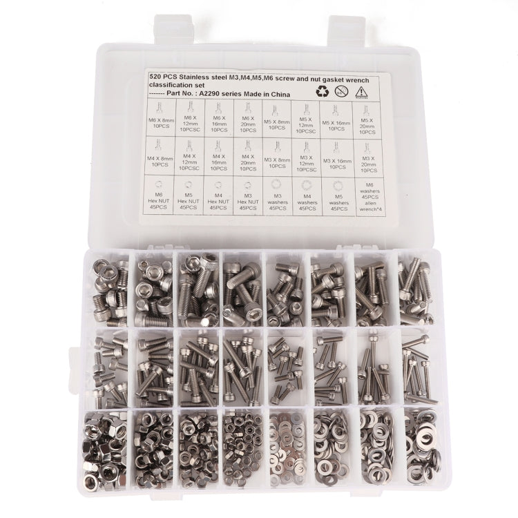 520 PCS 304 Stainless Steel Screws and Nuts M3 M4 M5 M6 Hex Socket Head Cap Screws Gasket Wrench Assortment Set Kit