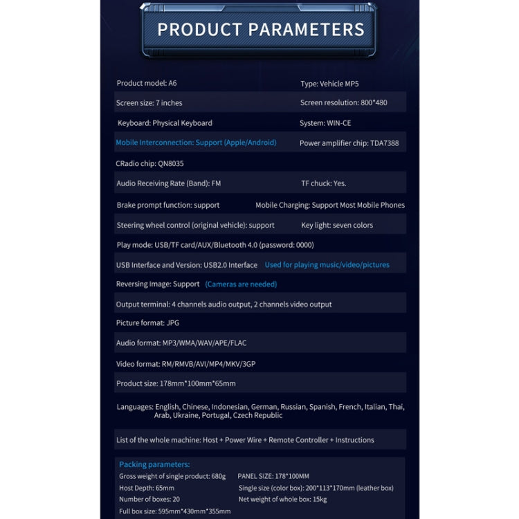 A6 7 inch Universal Car Radio Receiver MP5 Player, Support FM & Bluetooth & Phone Link with Remote Control