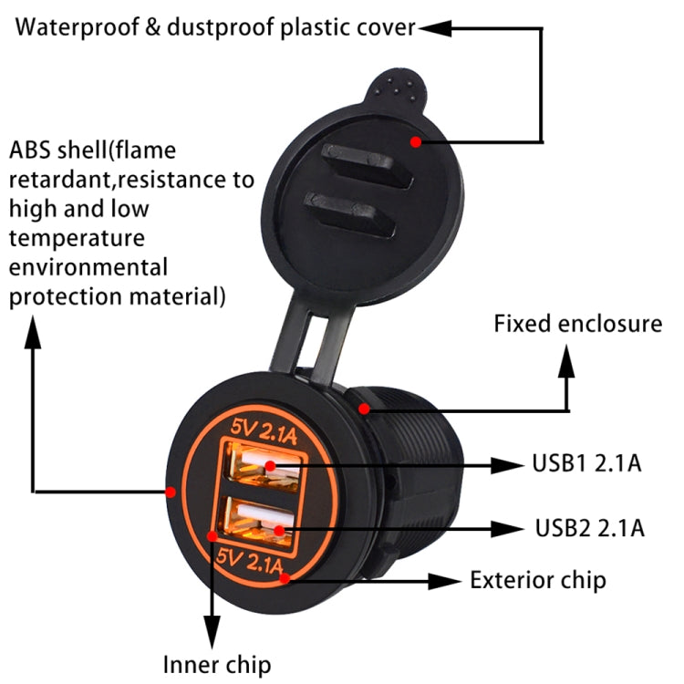 Universal Car Dual USB Charger Power Outlet Adapter 4.2A 5V IP66 with Aperture + 60cm Cable