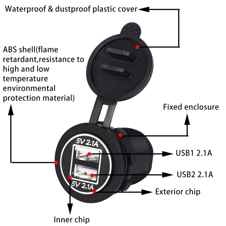 Universal Car Dual USB Charger Power Outlet Adapter 4.2A 5V IP66 with Aperture + 60cm Cable