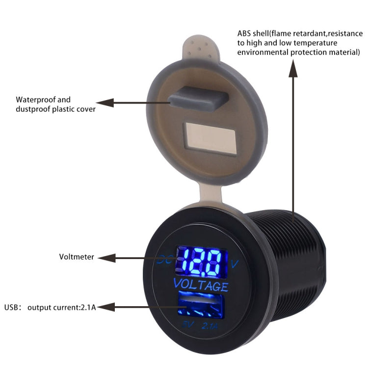 Universal Car Single Port USB Charger Power Outlet Adapter 2.1A 5V IP66 with LED Digital Voltmeter + 60cm Cable