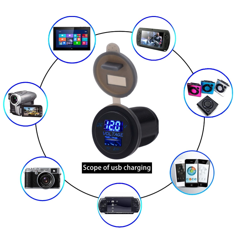 Universal Car Single Port USB Charger Power Outlet Adapter 2.1A 5V IP66 with LED Digital Voltmeter + 60cm Cable