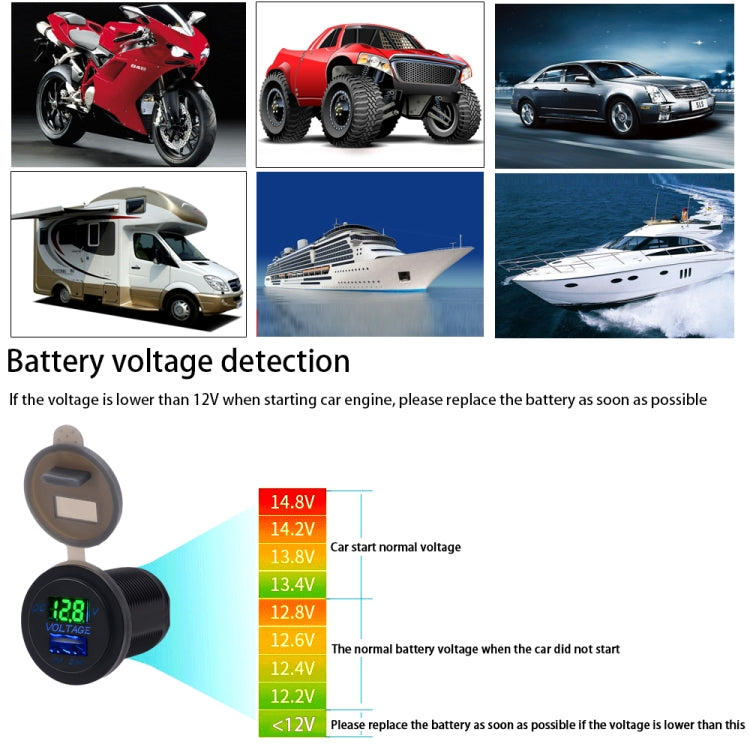 Universal Car Single Port USB Charger Power Outlet Adapter 2.1A 5V IP66 with LED Digital Voltmeter + 60cm Cable