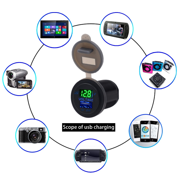 Universal Car Single Port USB Charger Power Outlet Adapter 2.1A 5V IP66 with LED Digital Voltmeter + 60cm Cable