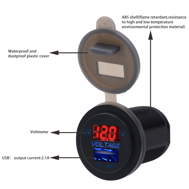 Universal Car Single Port USB Charger Power Outlet Adapter 2.1A 5V IP66 with LED Digital Voltmeter + 60cm Cable