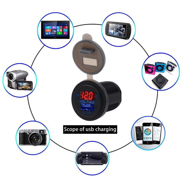 Universal Car Single Port USB Charger Power Outlet Adapter 2.1A 5V IP66 with LED Digital Voltmeter + 60cm Cable