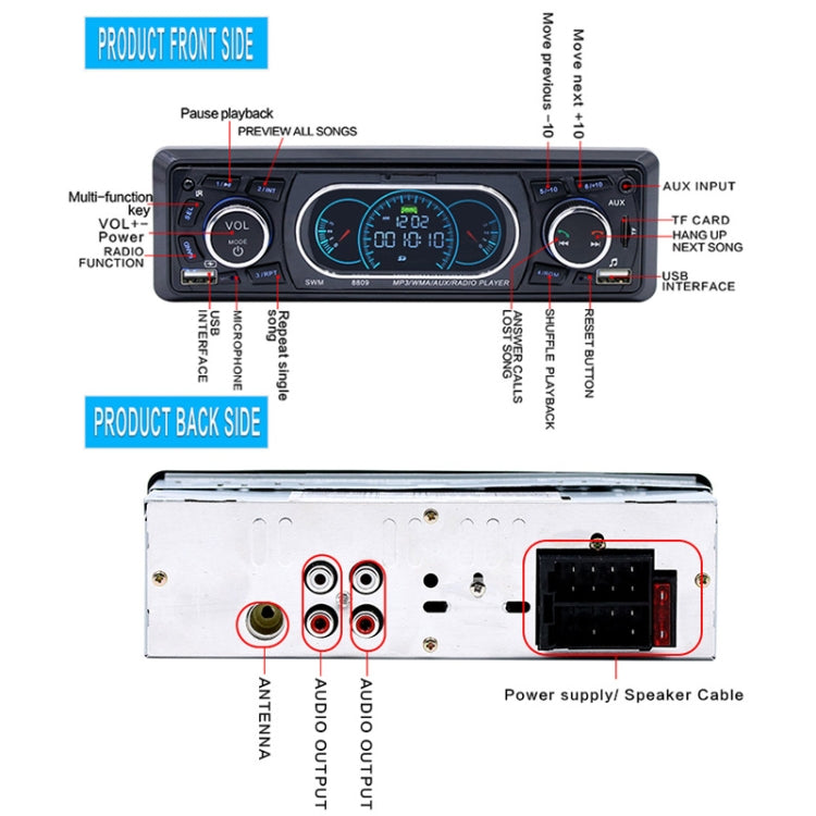 8809 Universal Car 12V Bluetooth Radio Receiver MP3 Player, Support FM with Remote Control