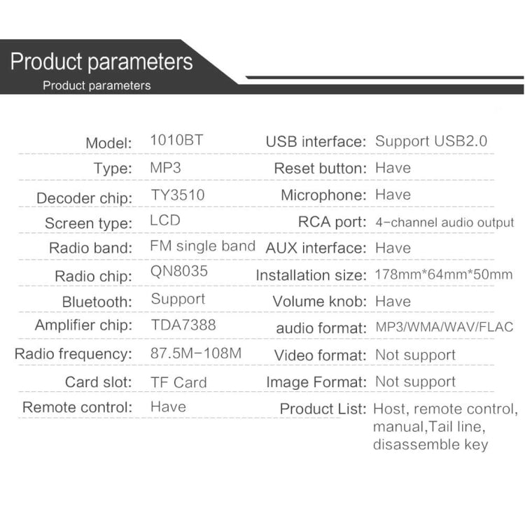 1010BT Universal Car 12V Bluetooth Radio Receiver MP3 Player, Support FM with Remote Control