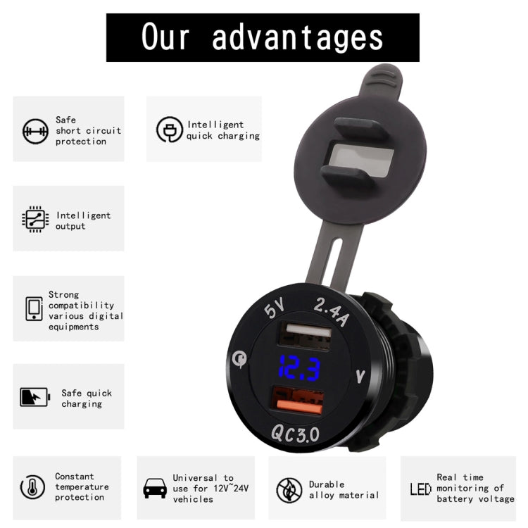Universal Car QC3.0 Dual Port USB Charger Power Outlet Adapter 5V 2.4A IP66 with LED Digital Voltmeter