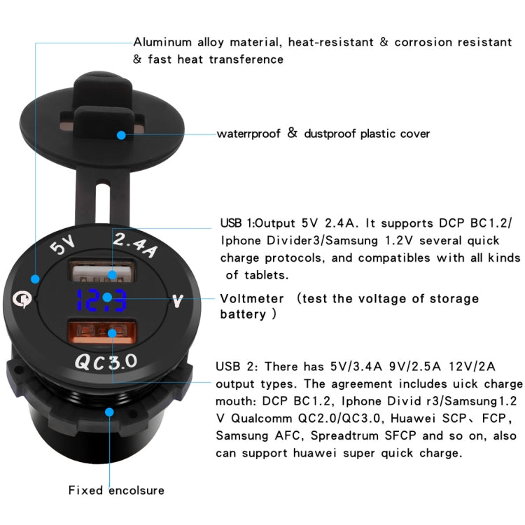 Universal Car QC3.0 Dual Port USB Charger Power Outlet Adapter 5V 2.4A IP66 with LED Digital Voltmeter