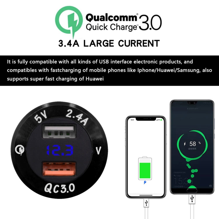 Universal Car QC3.0 Dual Port USB Charger Power Outlet Adapter 5V 2.4A IP66 with LED Digital Voltmeter
