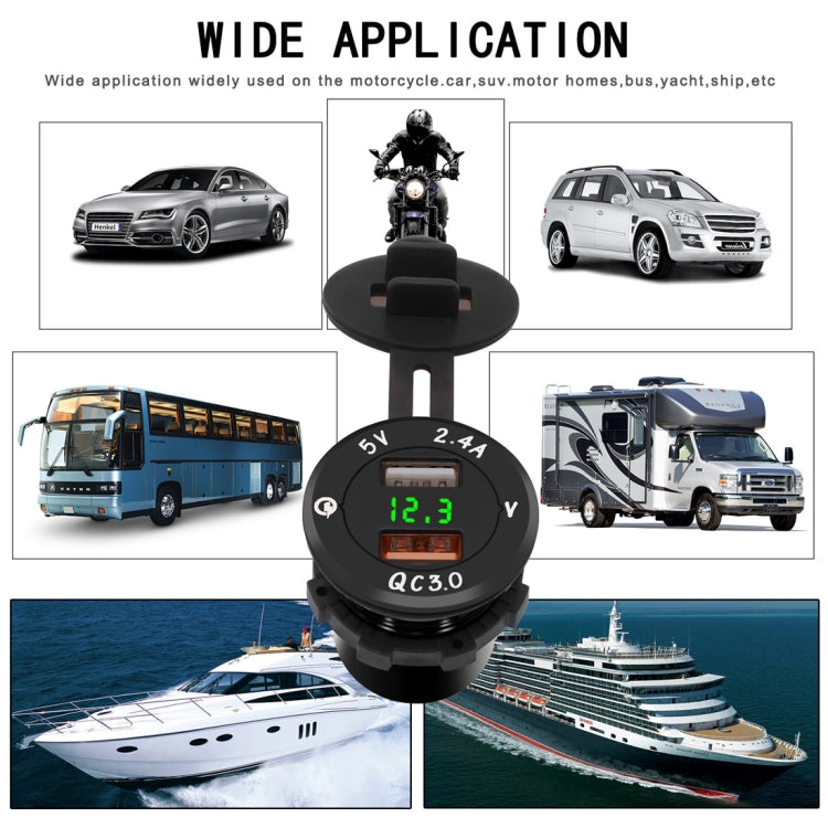 Universal Car QC3.0 Dual Port USB Charger Power Outlet Adapter 5V 2.4A IP66 with LED Digital Voltmeter