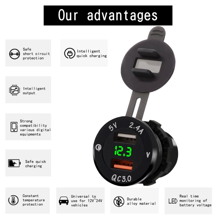 Universal Car QC3.0 Dual Port USB Charger Power Outlet Adapter 5V 2.4A IP66 with LED Digital Voltmeter