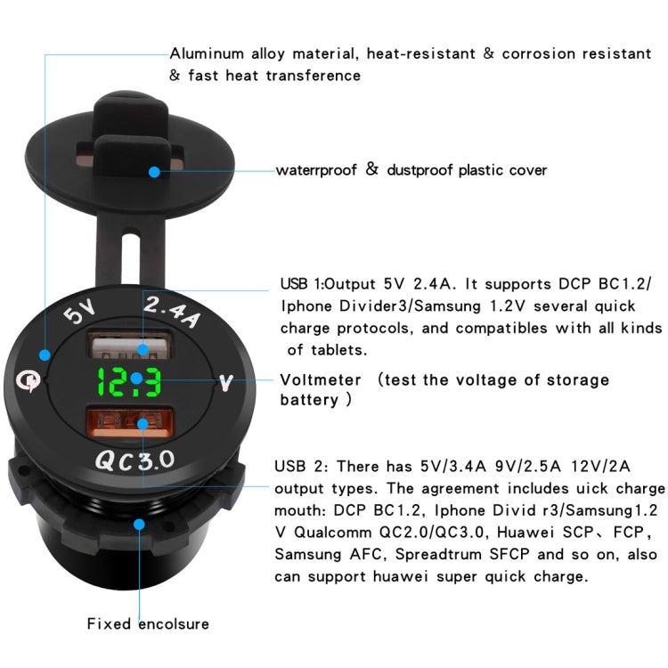 Universal Car QC3.0 Dual Port USB Charger Power Outlet Adapter 5V 2.4A IP66 with LED Digital Voltmeter