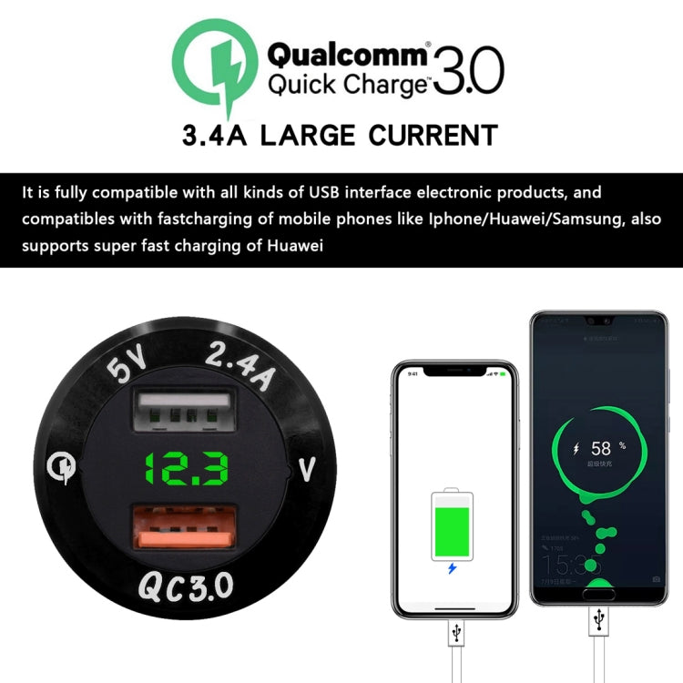 Universal Car QC3.0 Dual Port USB Charger Power Outlet Adapter 5V 2.4A IP66 with LED Digital Voltmeter