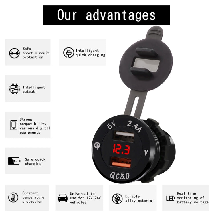 Universal Car QC3.0 Dual Port USB Charger Power Outlet Adapter 5V 2.4A IP66 with LED Digital Voltmeter