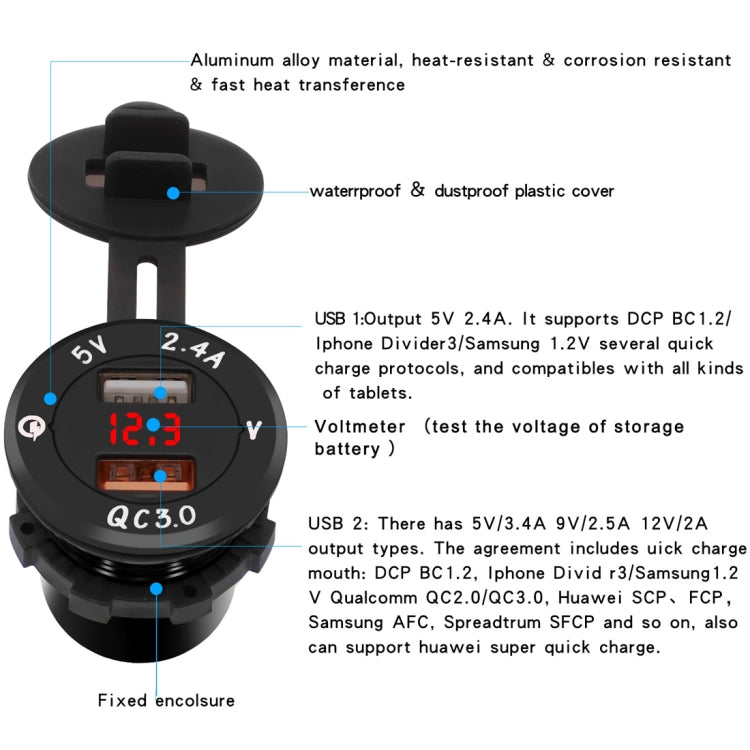 Universal Car QC3.0 Dual Port USB Charger Power Outlet Adapter 5V 2.4A IP66 with LED Digital Voltmeter