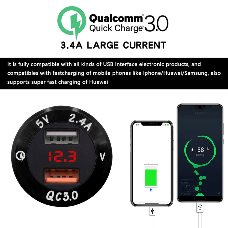 Universal Car QC3.0 Dual Port USB Charger Power Outlet Adapter 5V 2.4A IP66 with LED Digital Voltmeter