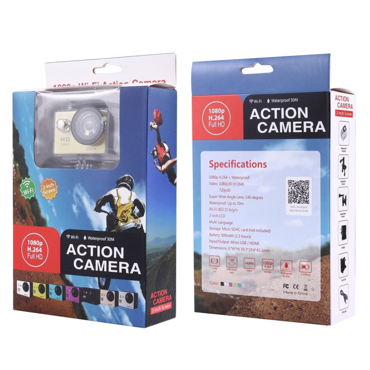 N9 1080P HDMI Waterproof Sport Action Camera Professional Portable 2.0 inch Screen 140 Degrees Wide Angle Lens Support WiFi Function, Water Resistant Depth: 30M