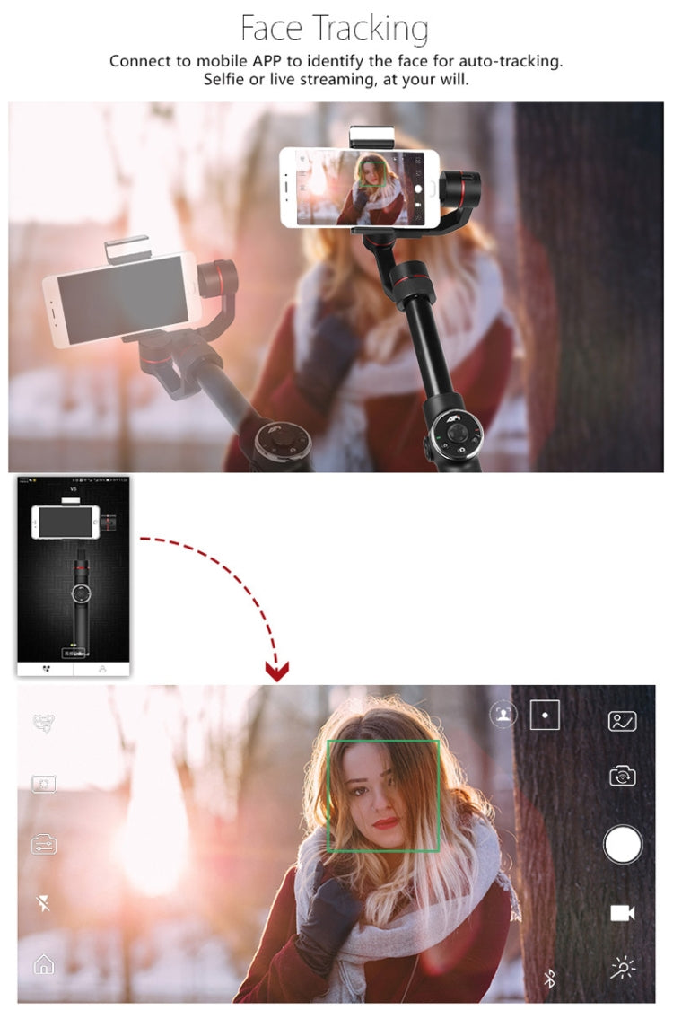 AFI V5 Smooth 3-Axis Handheld Aluminum Brushless Gimbal Stabilizer with Tripod Mount & Fill Light for Smartphones within 6 inch, Support Face Tracking(Black)