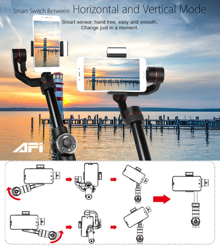 AFI V5 Smooth 3-Axis Handheld Aluminum Brushless Gimbal Stabilizer with Tripod Mount & Fill Light for Smartphones within 6 inch, Support Face Tracking(Black)