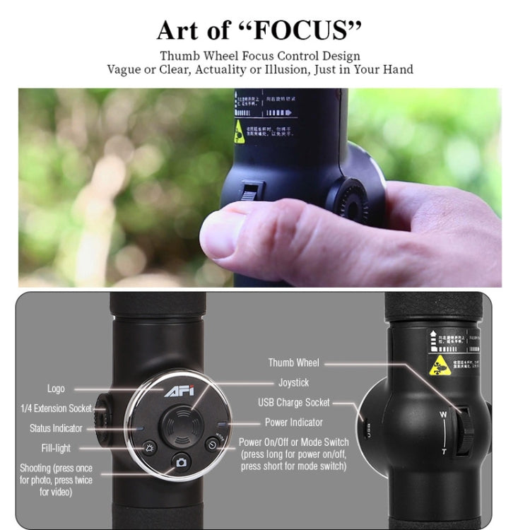 AFI V5 Smooth 3-Axis Handheld Aluminum Brushless Gimbal Stabilizer with Tripod Mount & Fill Light for Smartphones within 6 inch, Support Face Tracking(Black)