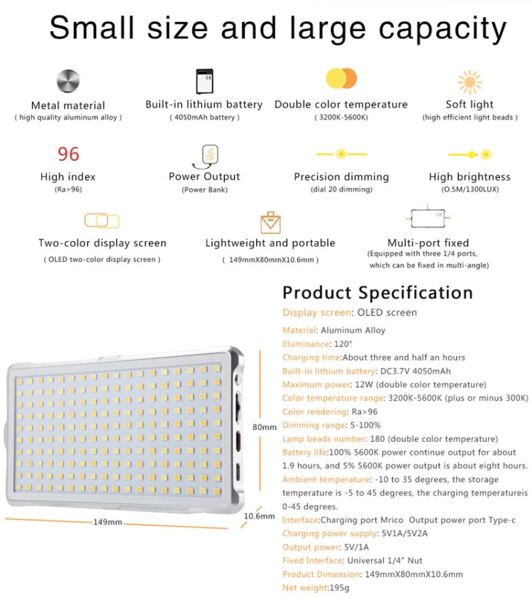F18 Pocket 180 LEDs Professional Vlogging Photography Video & Photo Studio Light with OLED Display for Canon / Nikon DSLR Cameras(White)