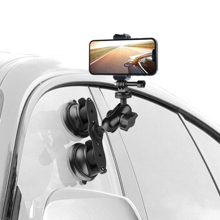 Triangle Suction Cup Mount Phone Holder with Tripod Adapter & Steel Tether & Safety Buckle (Black)