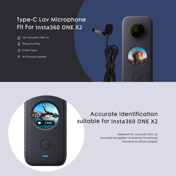 For Insta360 ONE X2 Lavalier Clip Type-C Recording Microphone (Black)