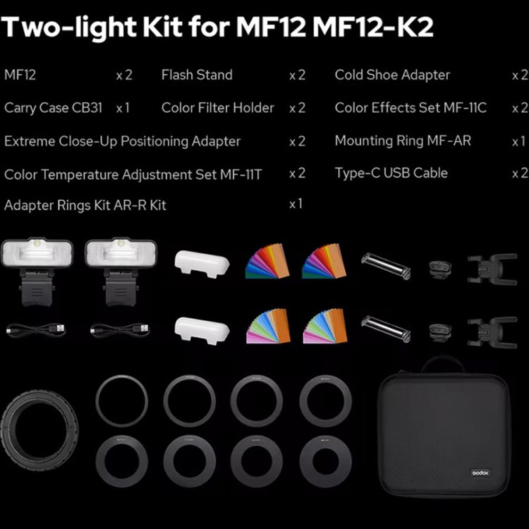 Godox MF12-K2 Macro Flash 2-Light Kit 2.4 GHz Wireless Control Light  - Black