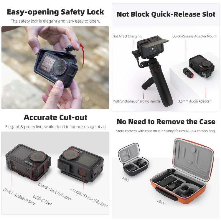 For DJI Osmo Action 5 Pro / 4 / 3 Sunnylife Protective Case Frame Mount Adapter Sun Hood Housing Case  - Black