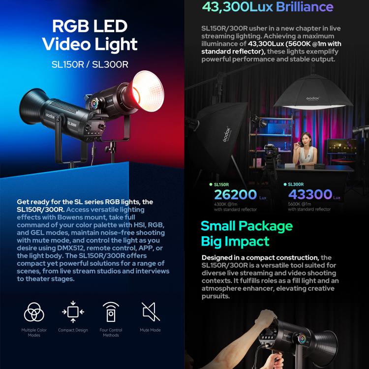 Godox SL150R RGB LED Video Light 165W CRI/TLCI 97+ COB Monolight Bowens Mount Studio Photo Light