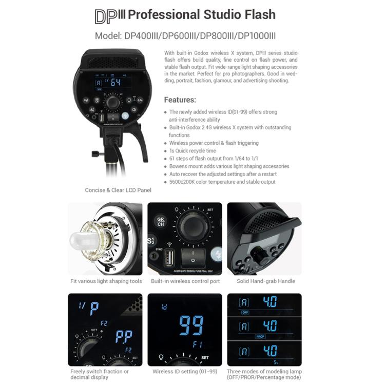Godox DP400III Studio Flash Photo Light 400Ws 2.4G Wireless X System Bowens Mount Strobe Light, No Lamp Cover