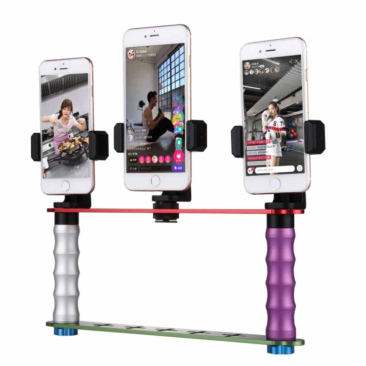 Smartphone Live Broadcast Bracket Dual Hand-held Selfie Module Mount Kits with 3x Phone Clips, For iPhone, Galaxy, Huawei, Xiaomi, HTC, Sony, Google and other Smartphones