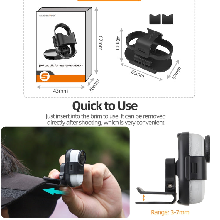 For Insta360 GO3 / GO 3S Sunnylife Baseball Hat Clip Mount Baseball Cap Clamp Quick Release Mount Camera POV Vlog Holder  - Black