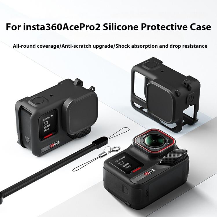 For Insta360 Ace Pro 2 Silicone Protective Case with Wrist Strap & Lens Cover  - Black