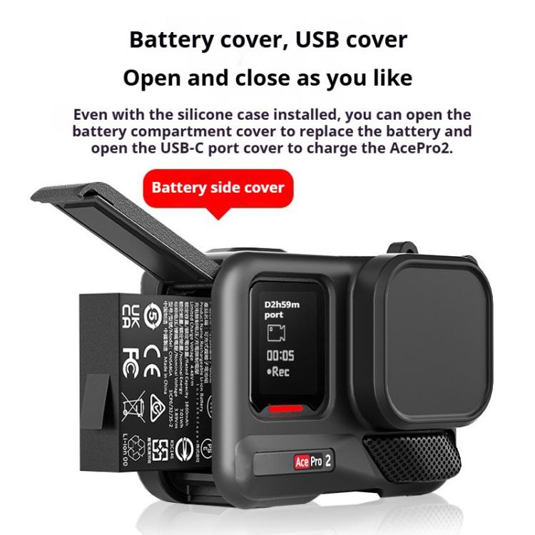 For Insta360 Ace Pro 2 Silicone Protective Case with Wrist Strap & Lens Cover  - Black
