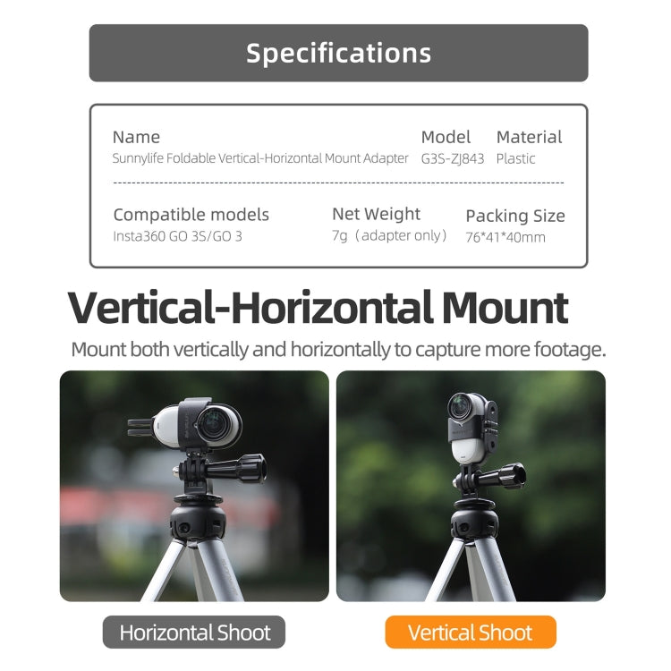 For Insta360 GO 3S / GO 3 Sunnylife Foldable Vertical-Horizontal Mount Adapter Protective Frame Brackets Housing Case  - Black