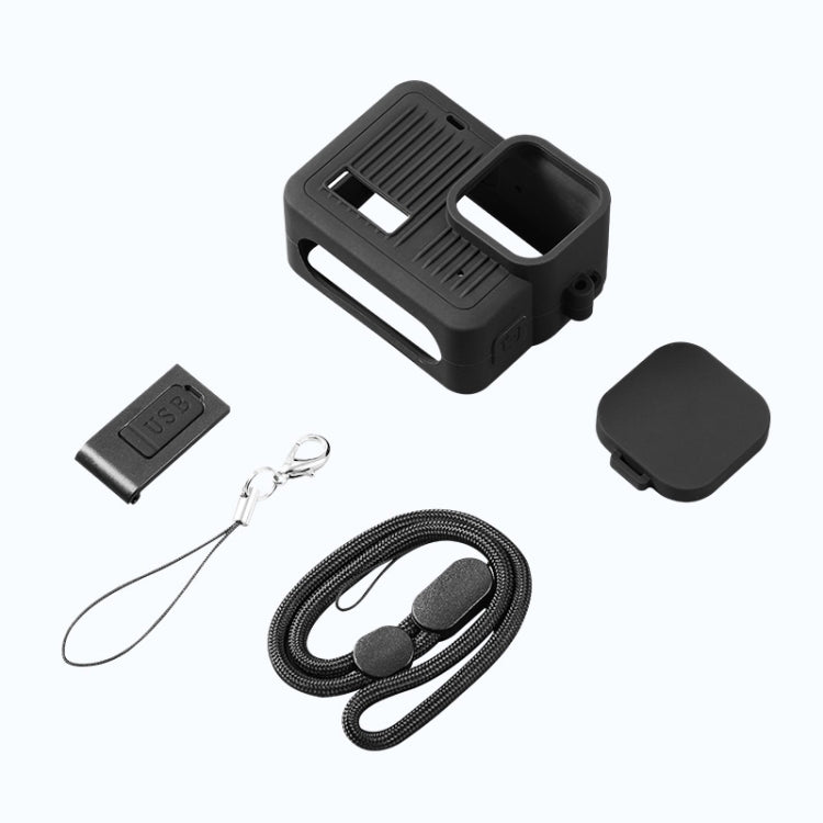 For GoPro HERO 2024 Silicone Protective Case Side Interface Cover with Wrist Strap & Lens Cover  - Black