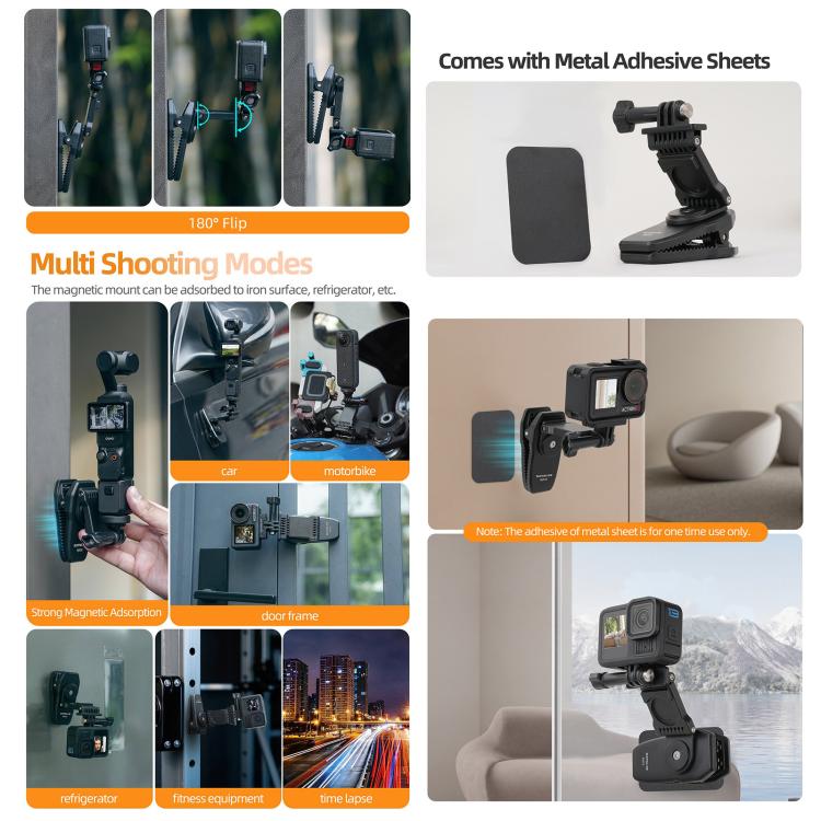 Sunnylife Stretchable Backpack Clip Rotatable Magnetic Mount Action Camera Holder Vlog Mount  - Black