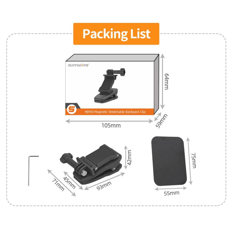 Sunnylife Stretchable Backpack Clip Rotatable Magnetic Mount Action Camera Holder Vlog Mount  - Black