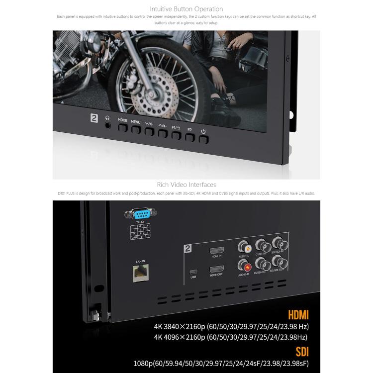 FEELWORLD D101 PLUS Dual 10.1 inch 4RU Rackmount Monitor 4K HDMI SDI 1920 x 1200 IPS Monitor